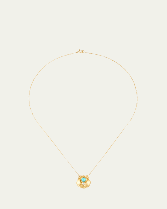 Small Scallop Shell Necklace with Turquoise and Diamond in 18K Yellow Gold